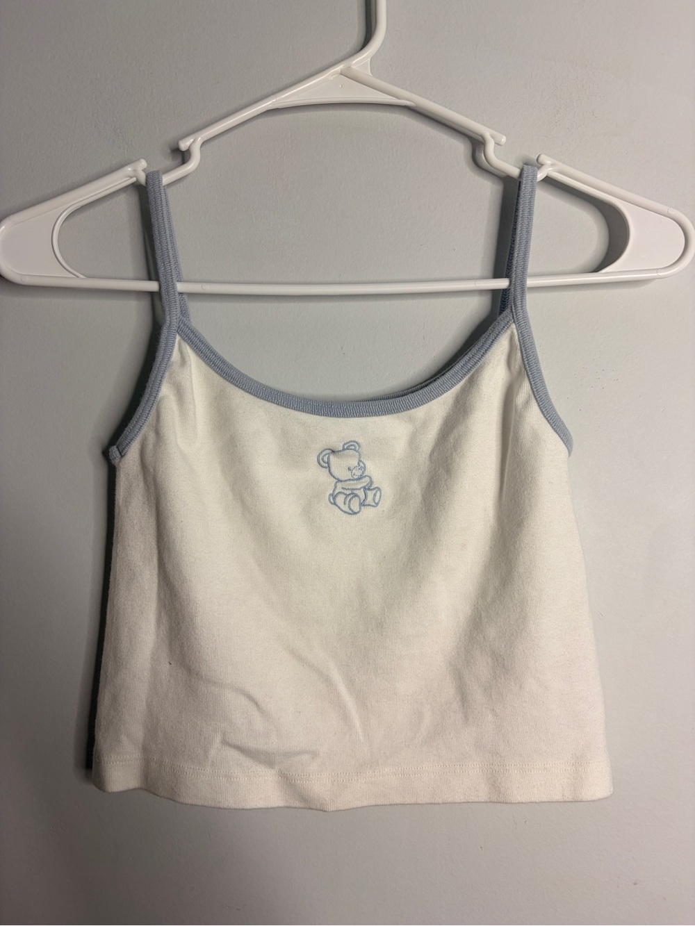 Brandy Melville White Crop Tank with Light Blue Trim Teddy Bear Embroidery
